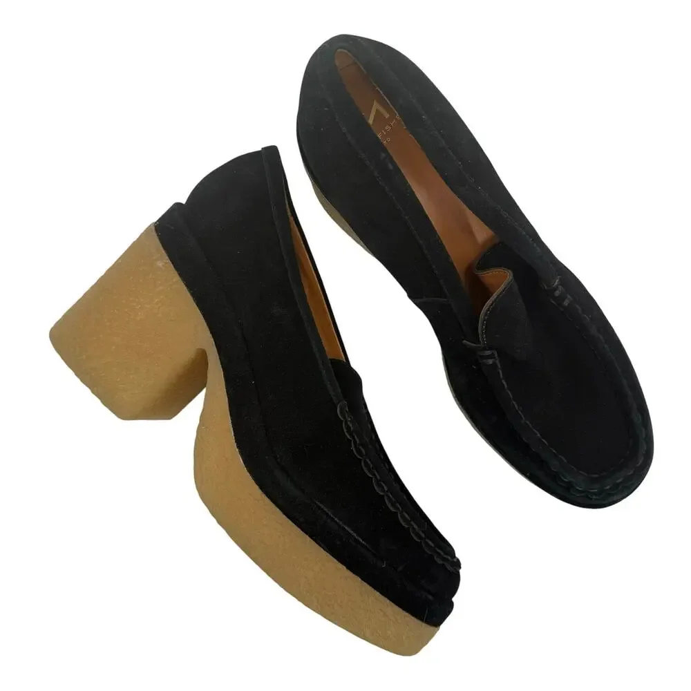 Marc Fisher Lina Shoes Size 9.5 Platform Loafer Black Suede Chunky Rubber Heel